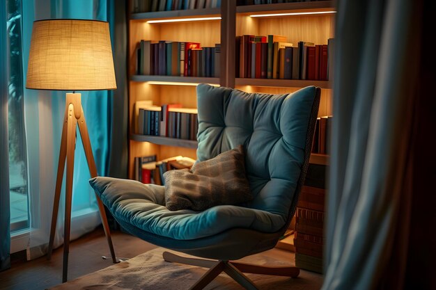 Photo cozy reading nook with blue chair and floor lamp interior design photo