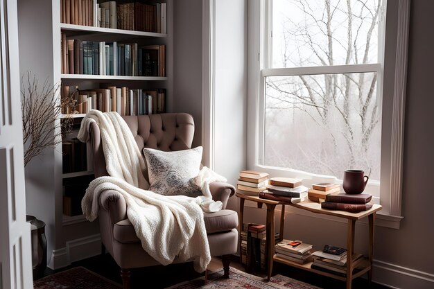 Photo cozy reading nook with books blanket and warm light in a stylish room