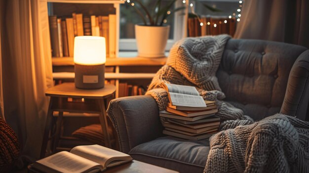 Photo cozy reading nook with books blanket and warm lighting