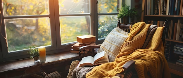 Photo cozy reading nook with books and a blanket warm tones copy space