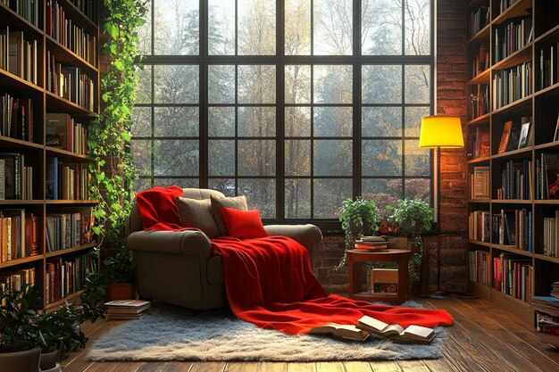 Photo cozy reading nook with bookshelf and sofa