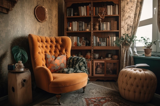 Cozy reading nook with bookshelves and armchair in bohemian home created with generative ai