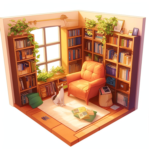 cozy reading nook with bookshelves and a comfy chair watercolor cozy