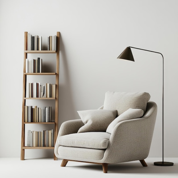 A cozy reading nook with a chair bookshelf and floor lamp against a minimalist wall