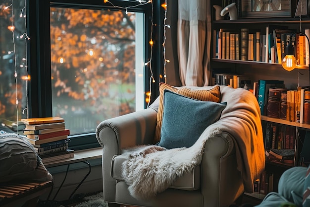 Photo a cozy reading nook with a comfortable armchair and a bookshelf filled with books a cozy reading nook with a comfortable armchair and a stack of books to get lost in