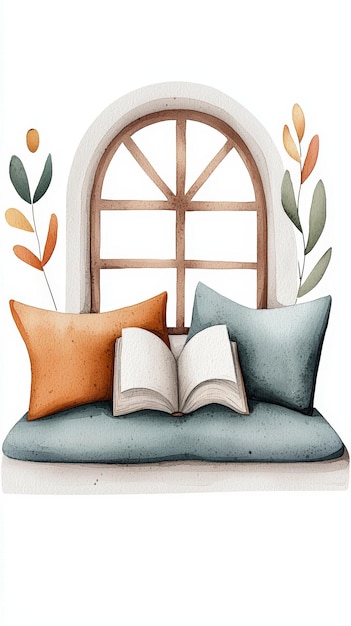 Photo a cozy reading nook with decorative pillows and an open book near a bright window adorned with plants