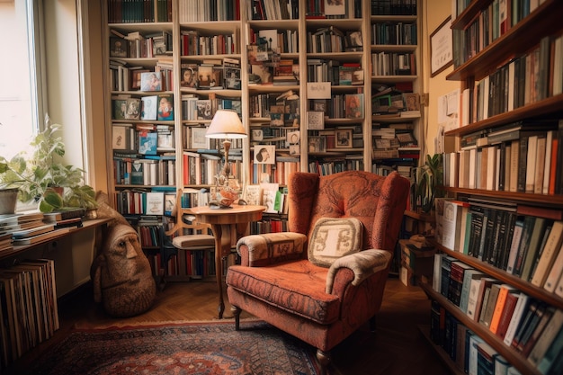 Cozy reading nook with floortoceiling bookshelves and cozy armchair