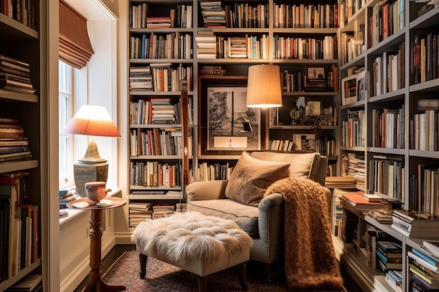 Cozy reading nook with floortoceiling bookshelves and cozy armchair