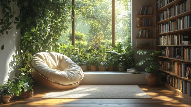 Photo cozy reading nook with indoor plants and natural light generative ai