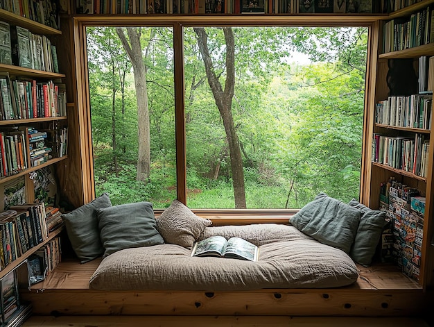 Photo cozy reading nook with large window overlooking a lush green forest