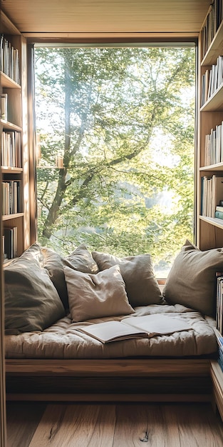 Photo cozy reading nook with oversized cushions and a bookshelf