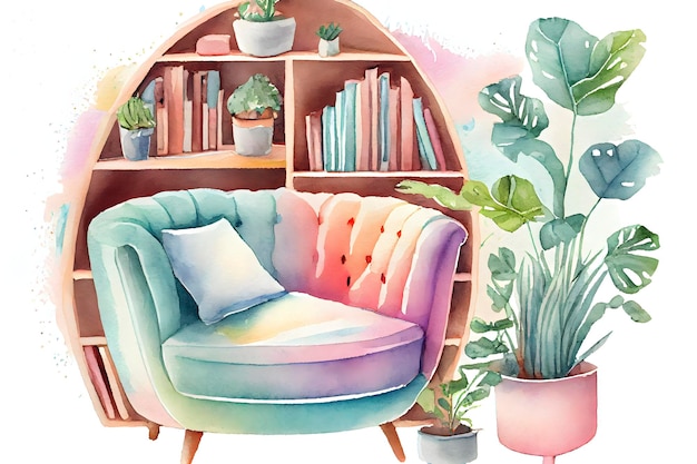 Cozy Reading Nook with Pastel Watercolor Art on White Background