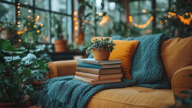 Cozy Reading Nook with Plants and Warm Lighting