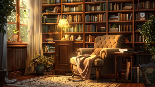 Cozy Reading Nook with Plush Armchair and Bookshelves Filled with Books in Sunlit Room