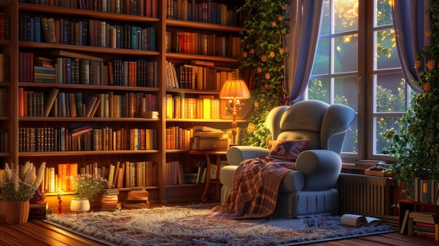 Cozy Reading Nook with Plush Chair Bookshelves Soft Lighting and Warm Ambiance