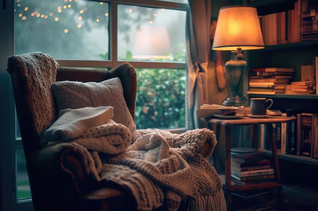 Photo a cozy reading nook with a plush chair and a stack of books