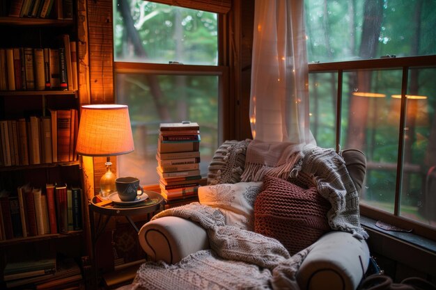 Photo a cozy reading nook with a plush chair and a stack of books