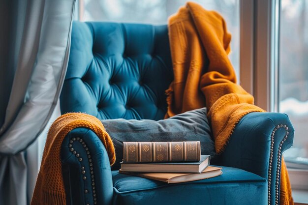 Photo a cozy reading nook with a plush chair and a stack of books