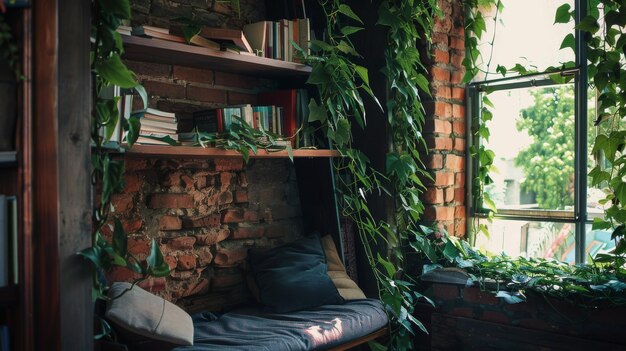 Photo cozy reading nook with a rustic vibe vine plants crawling up the brick wall shelves filled with books and a comfortable cushioned seat by the window