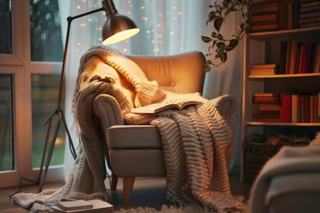 Photo cozy reading nook with soft armchair warm blanket and stack of books for a relaxing evening