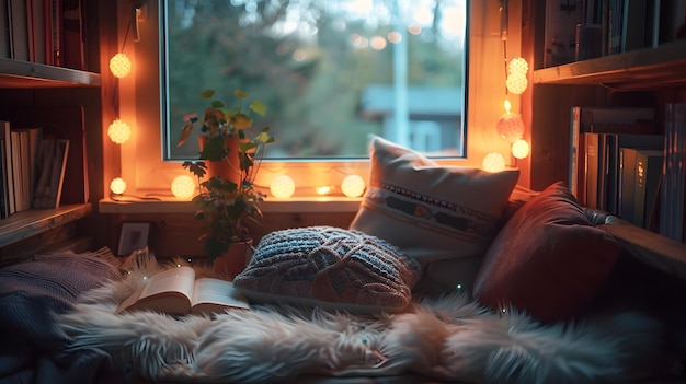 Cozy Reading Nook with Soft Lighting and Stacked Books for a Comfortable Home Retreat