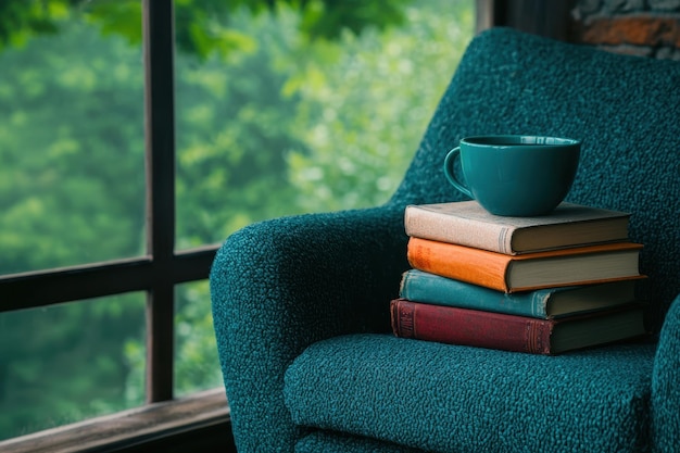 Photo a cozy reading nook with a stack of books a comfortable chair and a cup of tea peaceful and relax