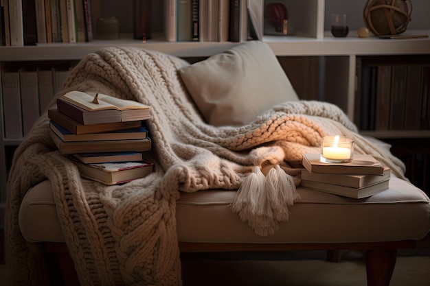 Cozy reading nook with stack of books and cozy throw created with generative ai