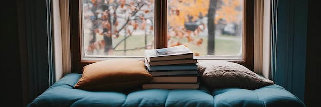 Photo cozy reading nook with a stack of books