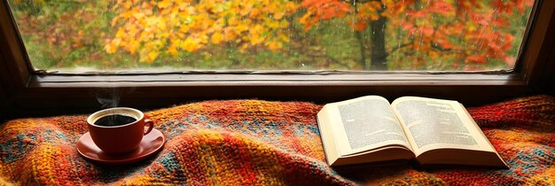 Photo cozy reading nook with warm blanket and coffee