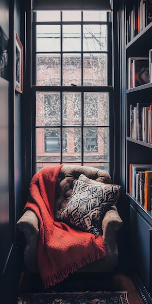 Photo cozy reading nook with warm blanket and soft pillows