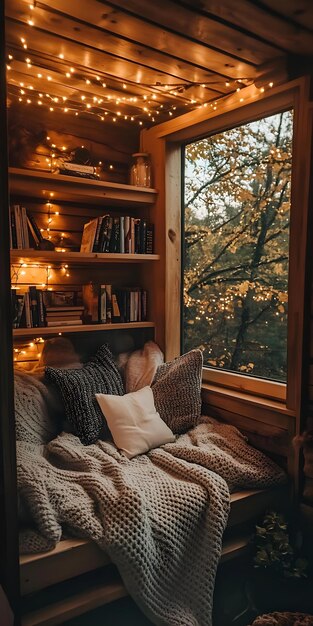 Photo cozy reading nook with warm blankets