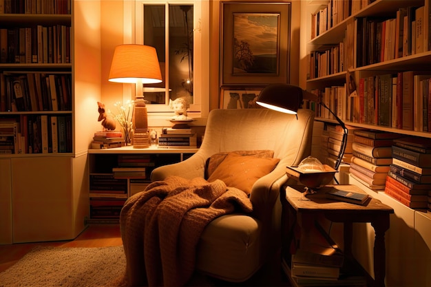 Cozy reading nook with warm lighting and a stack of books