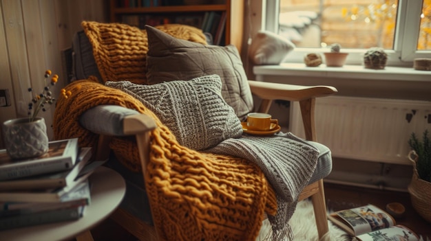 Photo cozy reading nook with warm textiles and natural light inviting relaxation