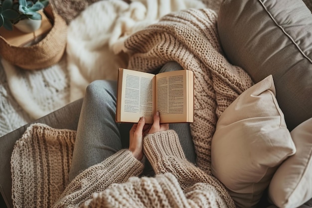 Cozy reading spot with a book surrounded by knit blankets and pillows