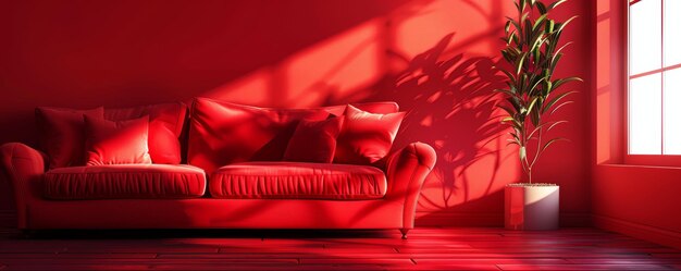 Photo cozy red living room with modern sofa and indoor plant bathed in warm sunlight