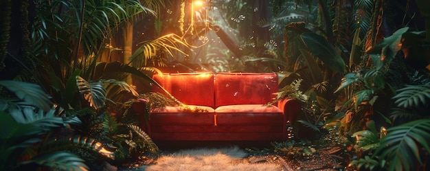 Photo cozy red sofa in lush tropical jungle with warm ambient lighting and green foliage