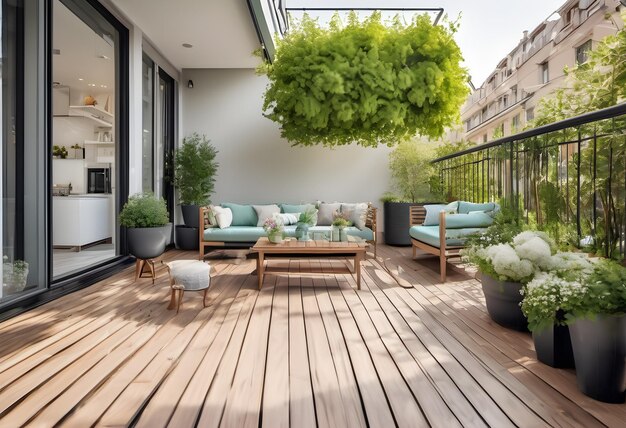 Cozy relaxing area at home back yard Sunny stylish balcony terrace in the city Beautiful of modern