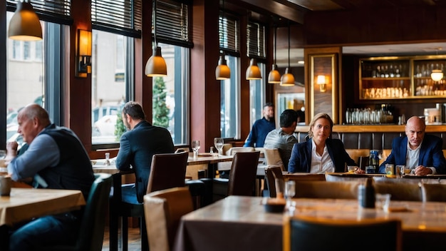 Cozy restaurant interior with diners and warm wooden tones