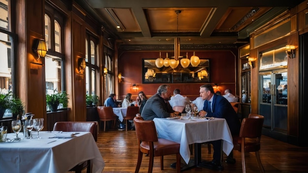 Cozy restaurant interior with diners and warm wooden tones