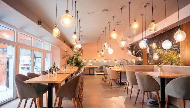 A cozy restaurant with an abundance of lights suspended from the ceiling