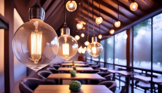 A cozy restaurant with an abundance of lights suspended from the ceiling