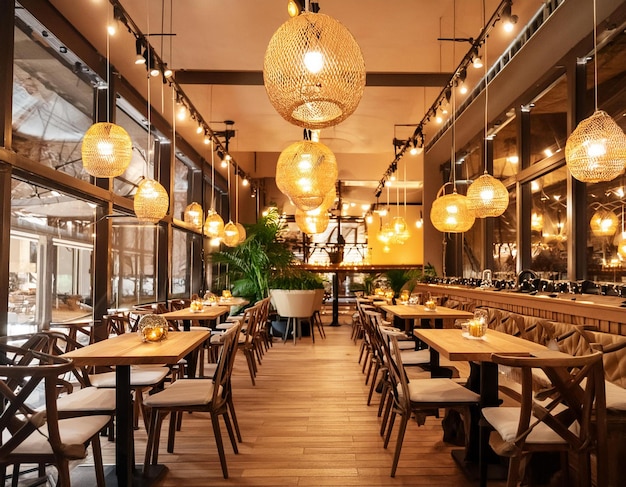 A cozy restaurant with an abundance of lights suspended from the ceiling