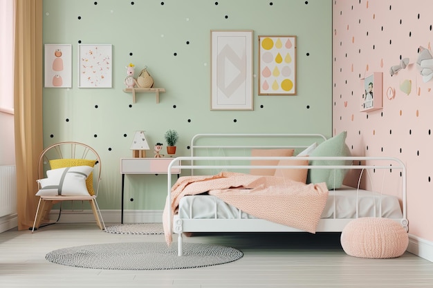 Cozy retro bedroom with pastel walls polka dot bedding and vintage accessories