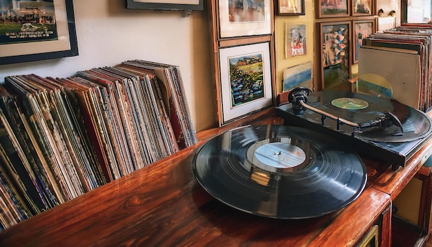 Photo a cozy retro record store with rows of vinyl records posters of classic bands on the walls