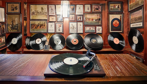 Photo a cozy retro record store with rows of vinyl records posters of classic bands on the walls