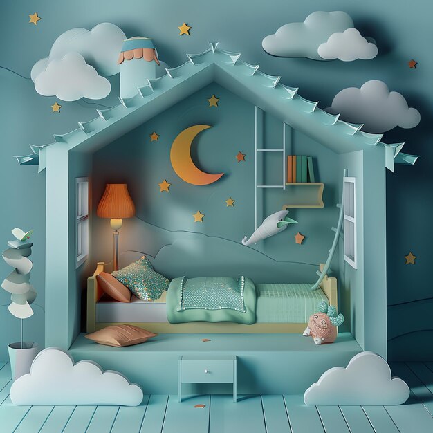 cozy room for kids in paper cut style