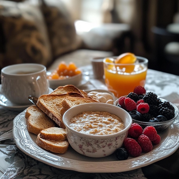 Photo a cozy room service breakfast setup with oatmeal toast and fresh berries