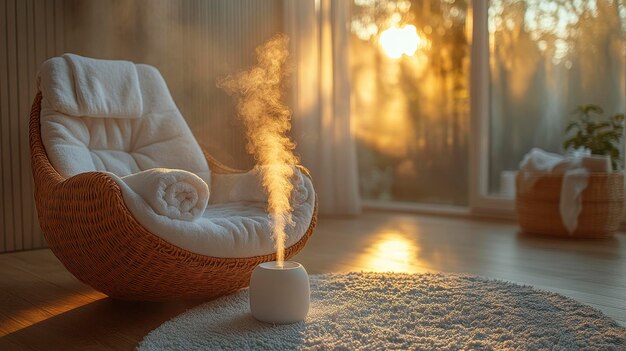 Photo a cozy room with a chair diffuser and warm light creating a relaxing atmosphere