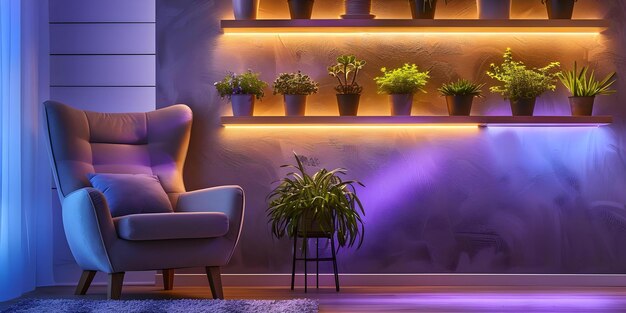 Photo cozy room with a comfortable armchair wallmounted plant shelves and ambient lighting concept interior design cozy decor plant decor comfortable furniture ambient lighting