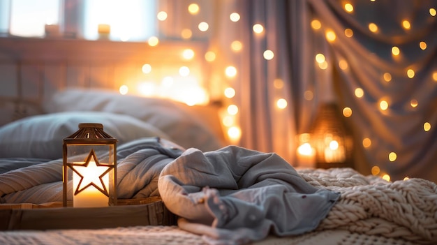 Cozy room with lights lantern on bed warm ambiance